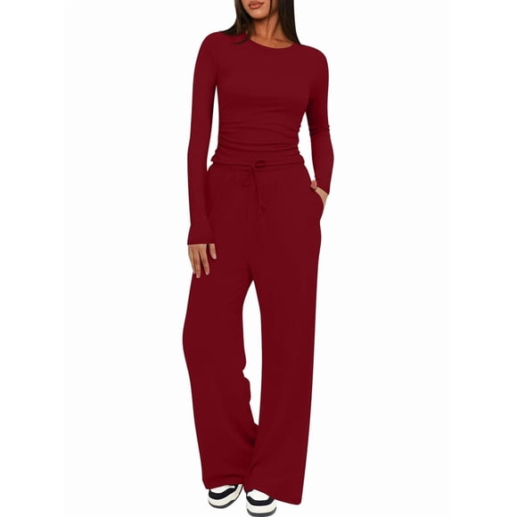 Conjuntos de 2 Piezas para Mujer, Conjuntos de Otoño, Chándales de Larga y Pierna , Conjuntos Casuales para Estar en Casa, Conjuntos A Juego. Vino Tinto XXL