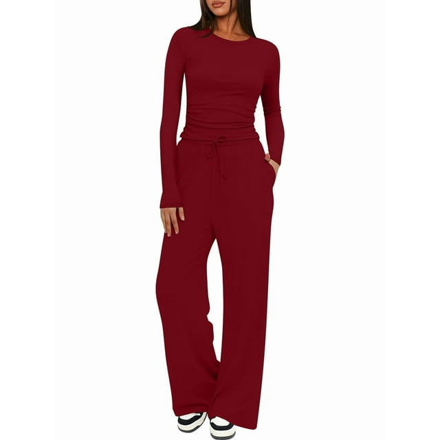 Ensembles 2 Pcs pour Femmes Tenues d'Automne Manches Longues Survêtements à Jambes Larges Ensemble Décontracté de Détente Ensembles Assortis Rouge Vin m