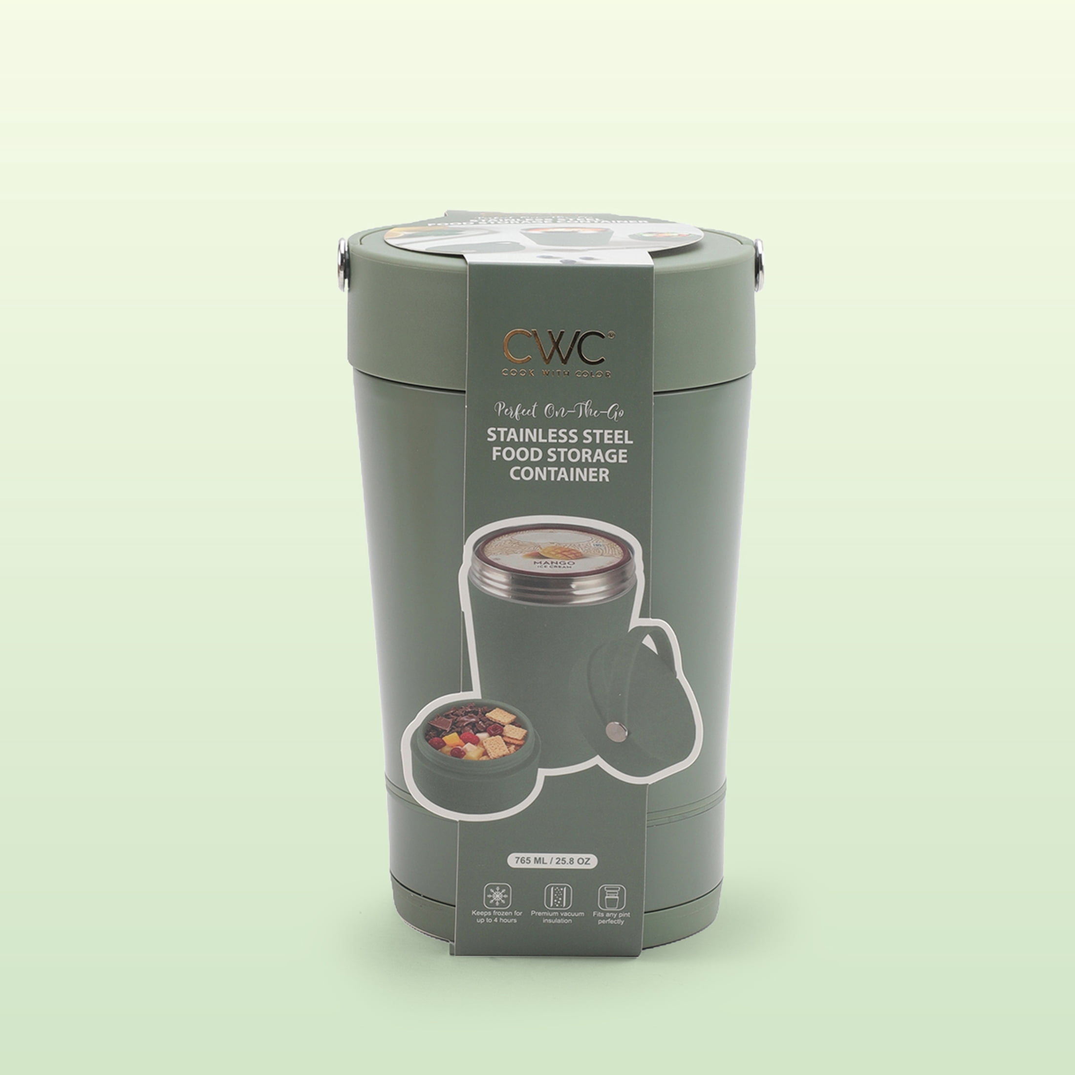 Cook with Color Insulated Ice Cream or Soup Container with Toppings Compartment and Spoon, Sage