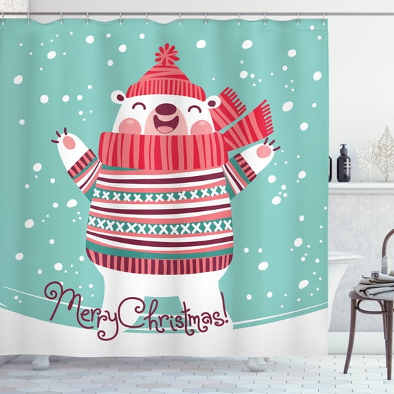 Funny Bear Shower Curtain, Merry Christmas Lettering with a Happy Animal in Winter Items, Fabric Bathroom Set with Hooks, 69W X 75L Inches Long, Dark Pink Seafoam and White, by Ambesonne