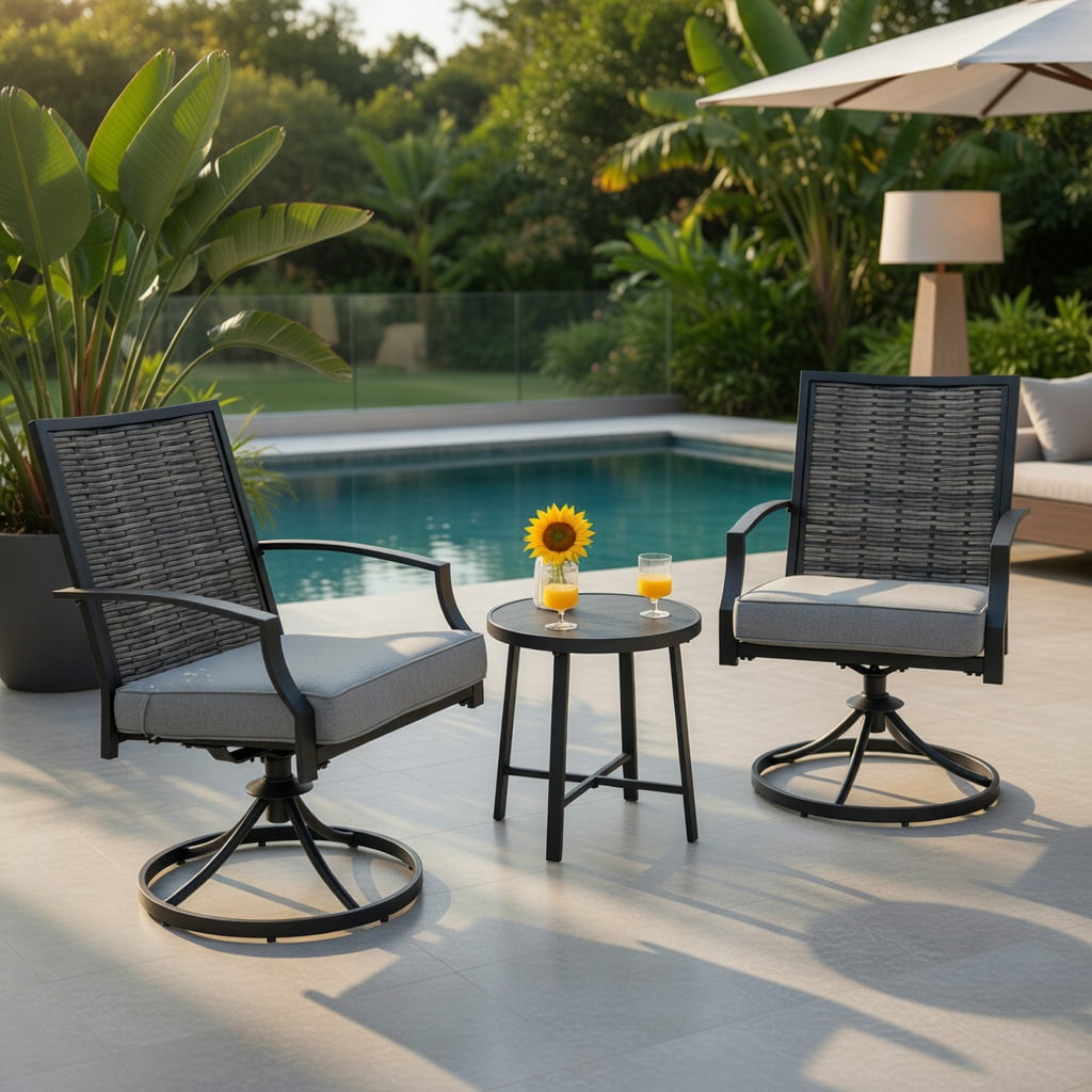 Hommoo 3-Piece Outdoor Swivel Patio Chair Set with Cushions, PE Rattan & Metal Frame, Includes Coffee Table for Backyard, Deck or Garden, Gray