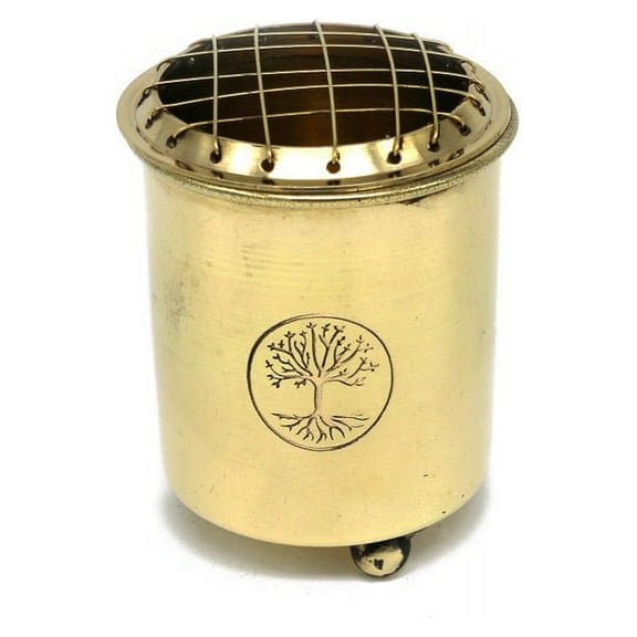 Tree of Life Gold Engraved Brass Resin Incense Burner with Removable Screen