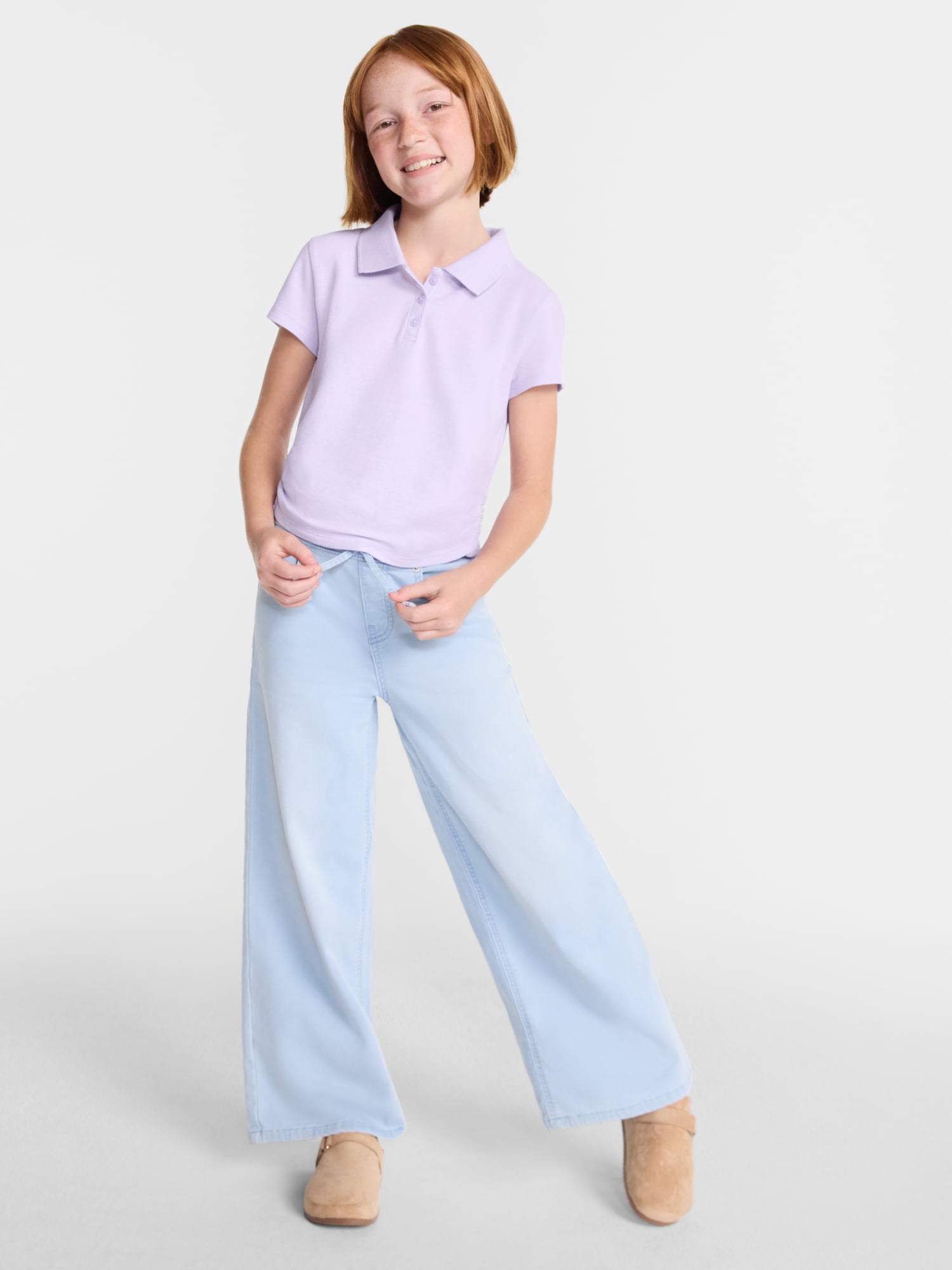 Wonder Nation Girls Side Ruched Polo Shirt with Short Sleeves, Sizes 4-18