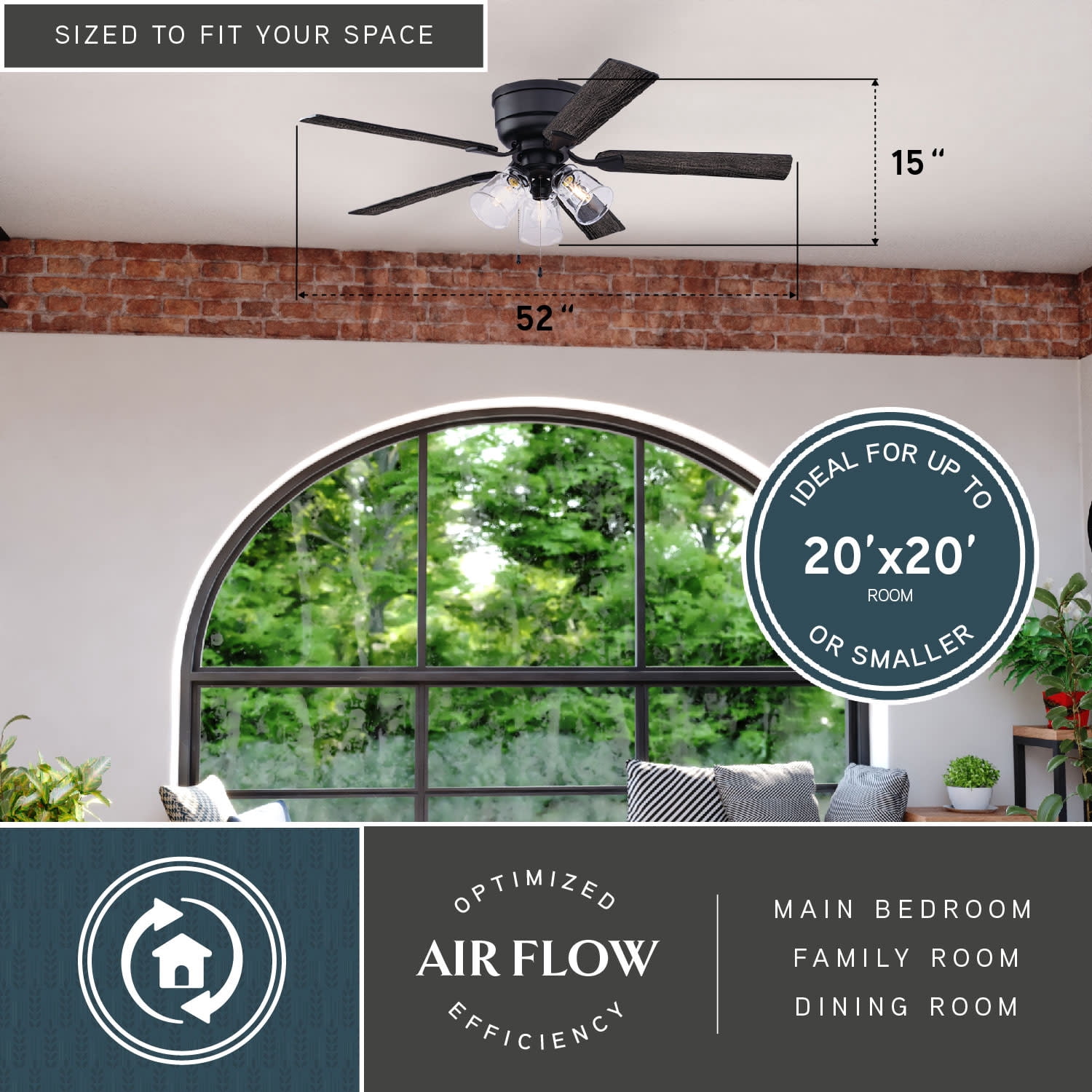 Cromwell 52-in Matte Black Flush Mount Hugger Ceiling Fan with Light Kit, Remote plus Quick Install