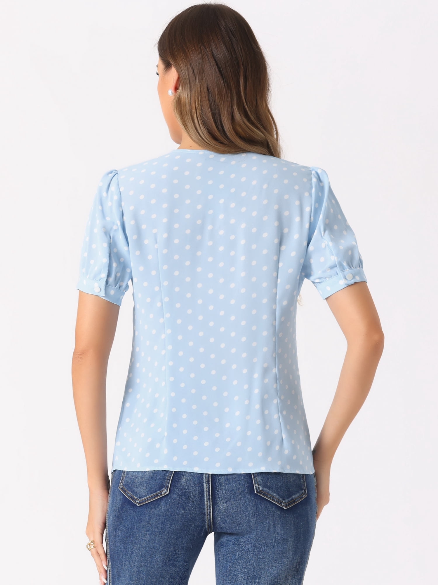 DARING DIVA Women's Polka Dots Peter Pan Collar Puff Sleeve Shirt Top L Light Blue