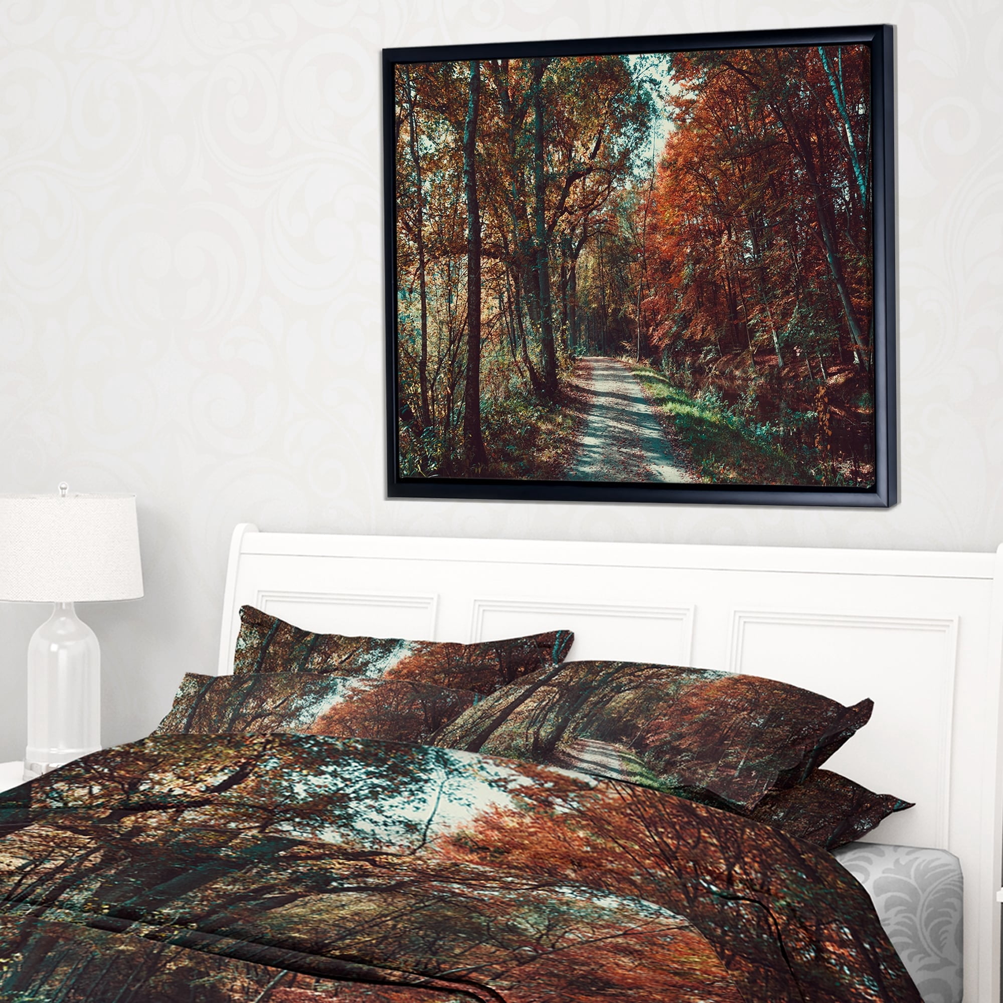 Designart ' Road Through Red Fall Forest ' Landscape Photo Framed Canvas Art Print