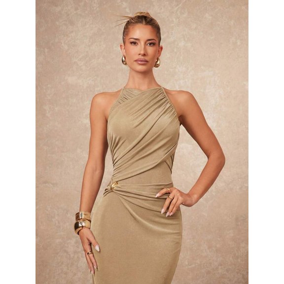 Gold Elegant Halter Neck Ruched Criss-Cross Bodycon Dress For Women Evening Glam Party