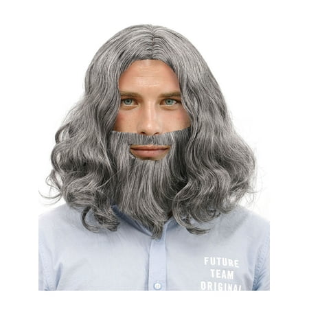 Mens Cosplay Costume Biblical Jesus Wigs and Beard Set, Grey
