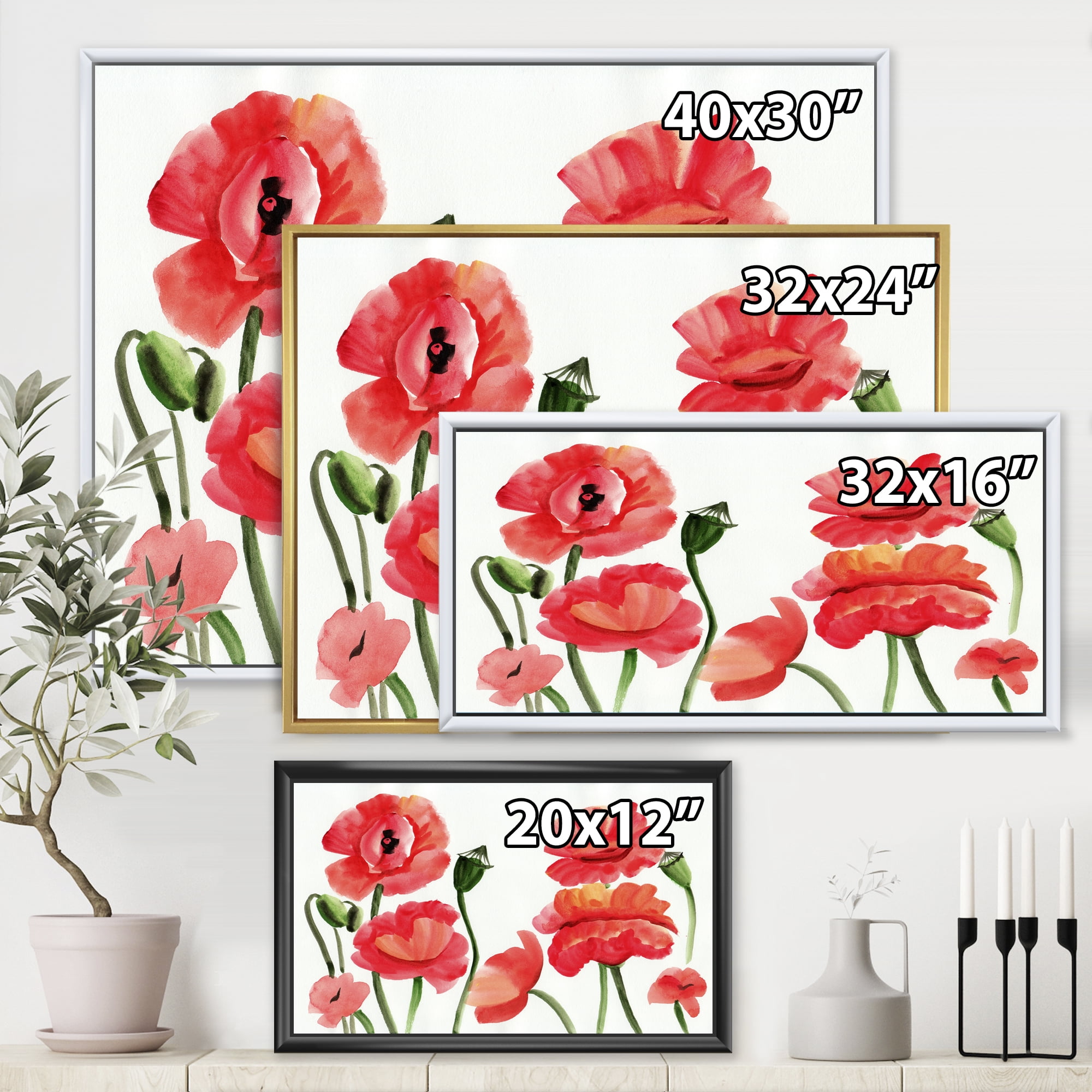 Designart 'Ancient Red Poppies I' Traditional Framed Canvas Wall Art Print