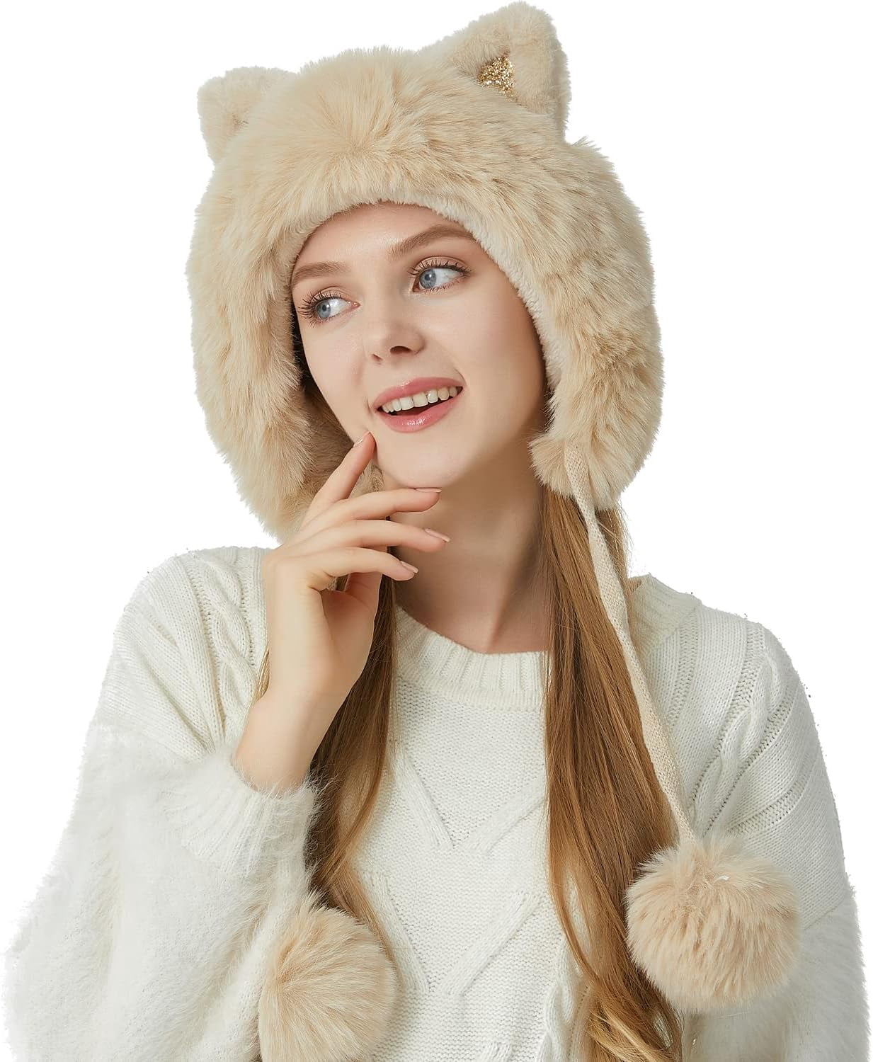 Women Winter Cover Ears Beanie Hat Ear Flaps Ski Snow Hats Knit Fleece Lined 3 Pom Pom