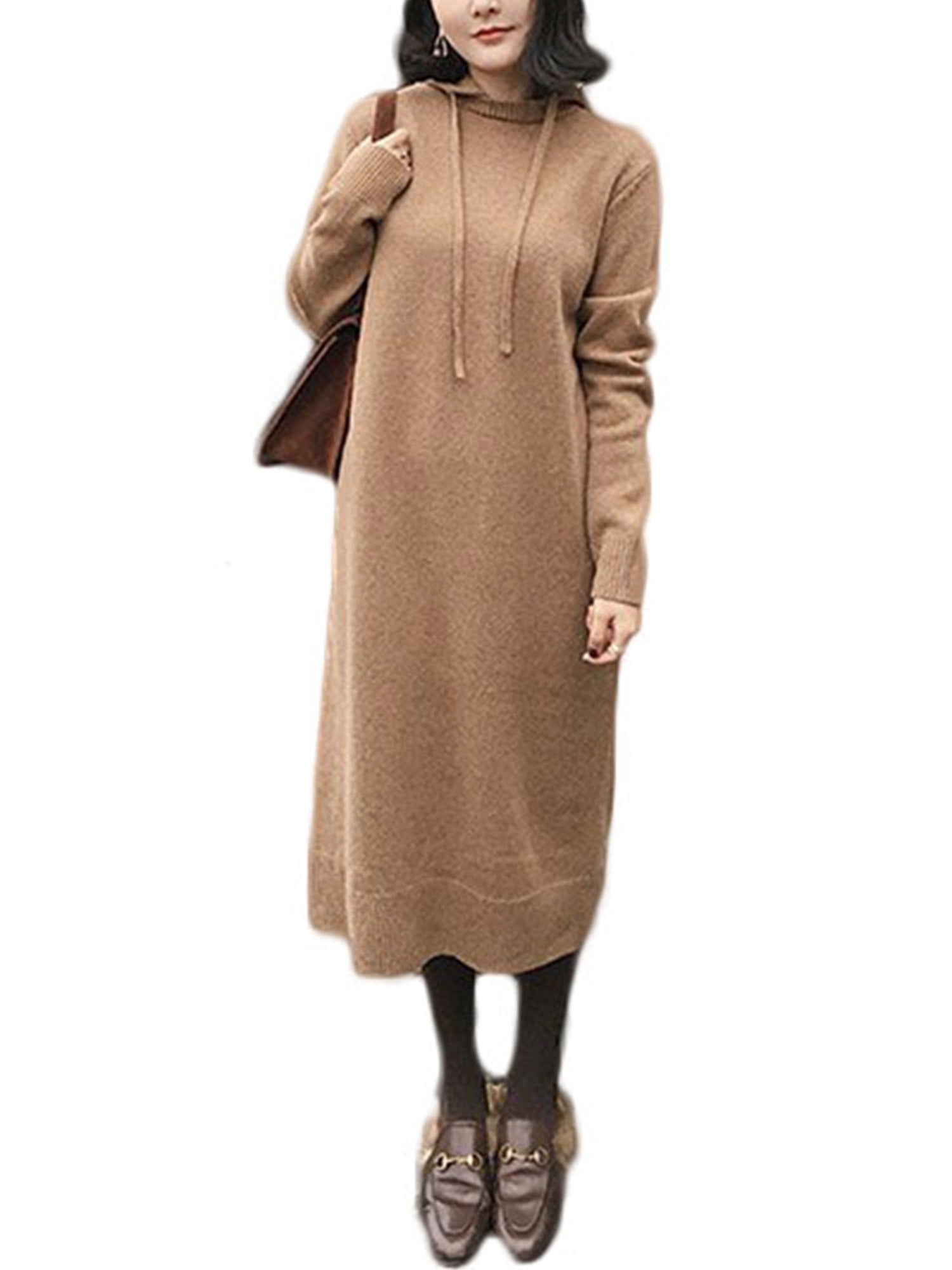 Wodstyle Womens Ladies Hooded Knitted Sweater Dress Long Sleeve Loose Drawstring Jumper Dresses, Women's, Size: One size, Beige