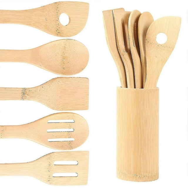 Kitchen Cooking Bamboo Utensils Set,6 Pcs Wooden Spoons And Spatula Kitchen Cooking Tools For Nonstick Cookware And Work