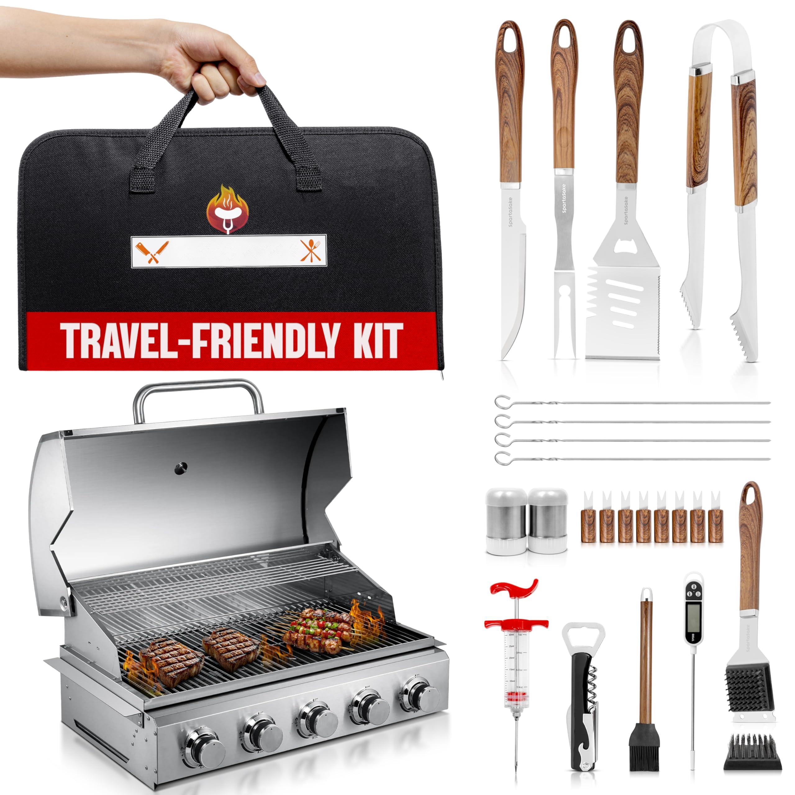 Grill Tool Set Stainless Steel 24-Pack WoodStyleHandle for Outdoor Grilling