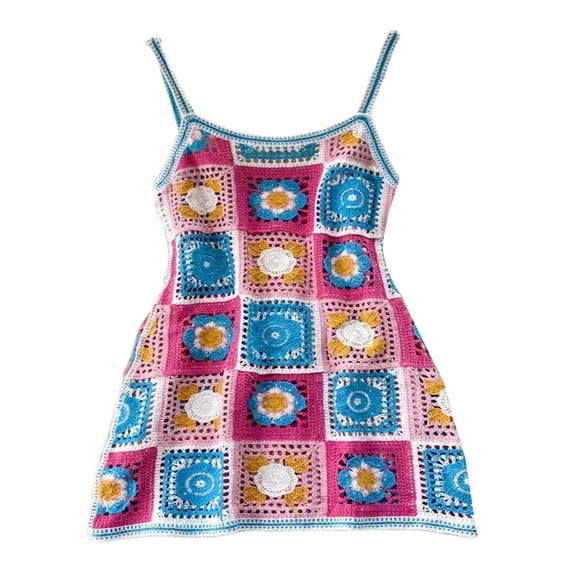 Women Crochet Spaghetti Strap Mini Dress Vintage Floral Print Crochet Cover Up Beach Dress Hollow Out Sleeveless Knit Dress