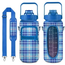 Blue and White Check 64 Oz Water Bottle with Sleeve - BPA Free Leakproof Sport Large Plastic Water Bottle with Straw Strap & Insulated Neoprene Holder Carrier Bag Great Gift for Women Men