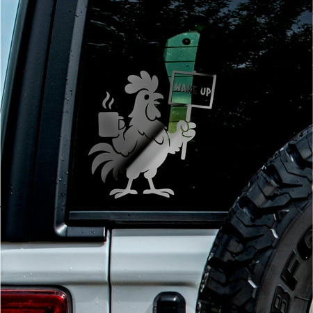 2 Pcs - No Background - Waterproof Car Sticker Decal of Rooster Coffee Shop Sign for Cup Mug Laptop Farmhouse Kitchen Decor (Metallic Silver 4.8 x 4.8 ) |K16682SI