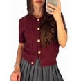 thumbnail image 2 of Women Short Sleeve Cardigan Cable Knit Cropped Button Down Crewneck Sweater Tops Red S, 2 of 9
