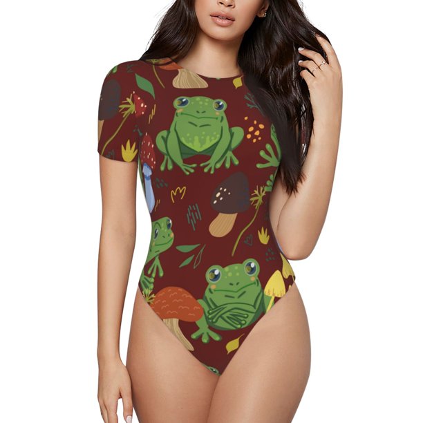 Fotbe Frogs and Mushrooms Body de Mujer con Cuello Redondo y Mangas Cortas, Sin Mangas Ajustado, Suave, Cómodo y Básico-Large