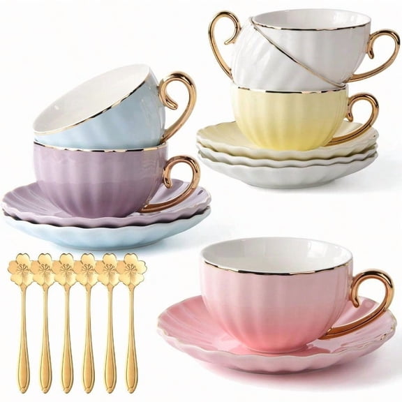 Tea Cups and Saucers Set Tea Cups Sets of 6 with Golden Trim 18-Piece Porcelain Teacup and Saucer Pumpkin Coffee Cup with Golden Spoon Cappuccino Cup Set for Afternoon Tea Home Office Gifts