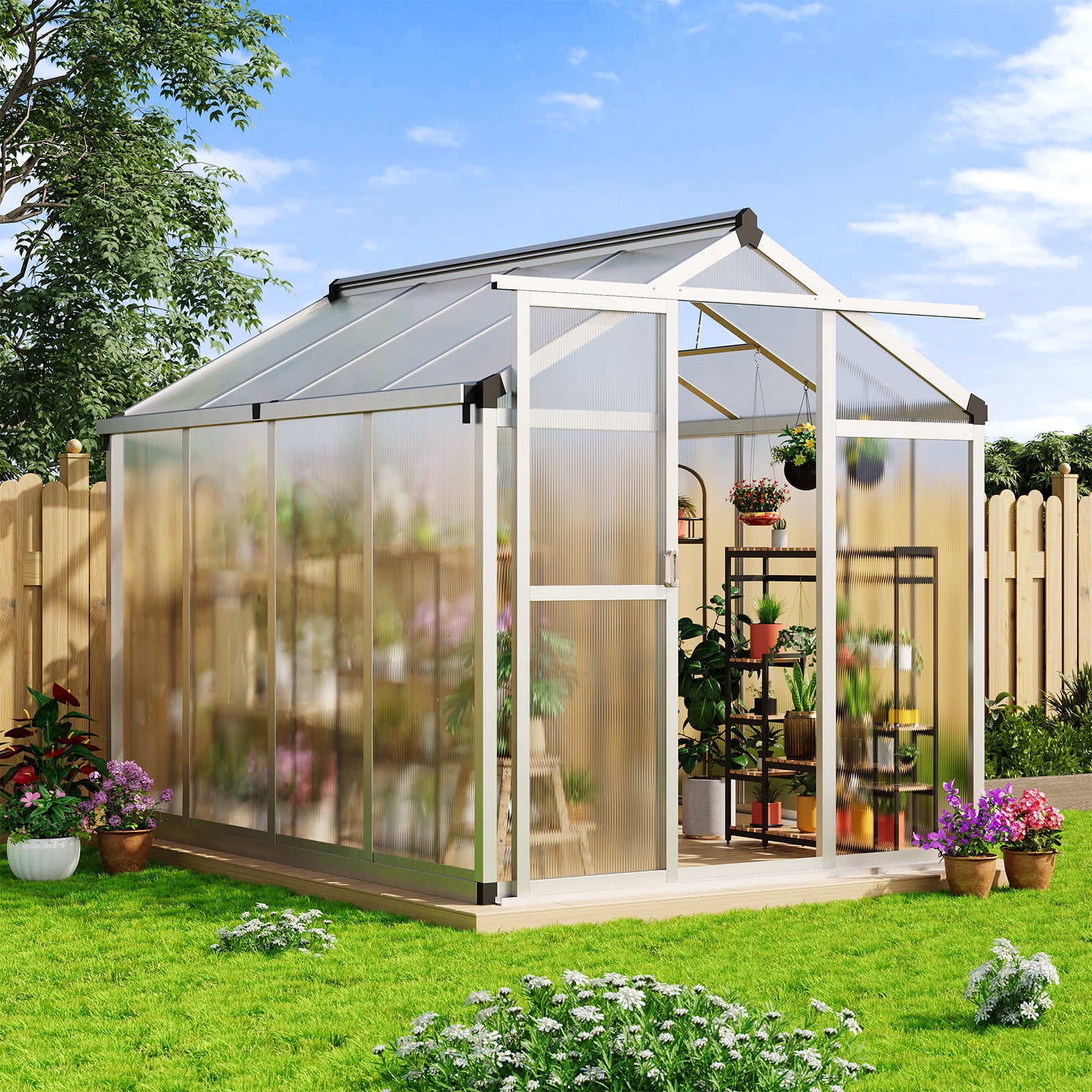 Greenhouse for Outdoors, Polycarbonate Greenhouse with Roof Vent, Sliding Lockable Door, Aluminum Large Walk-in Greenhouse for Outside Garden Backyard, Patio, Lawn,  (6X8FT)