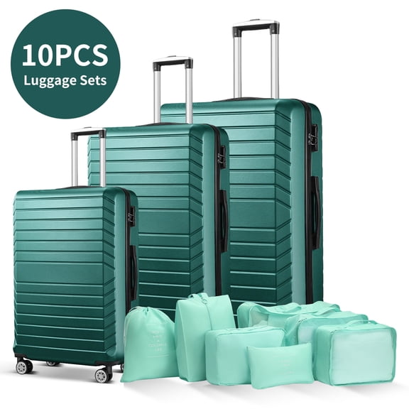 10 Piece Luggage Sets, 20 24 28 inch Lightweight Harside Suitcase with Spinner Wheels and 7PCS Packing Cubes(Green)
