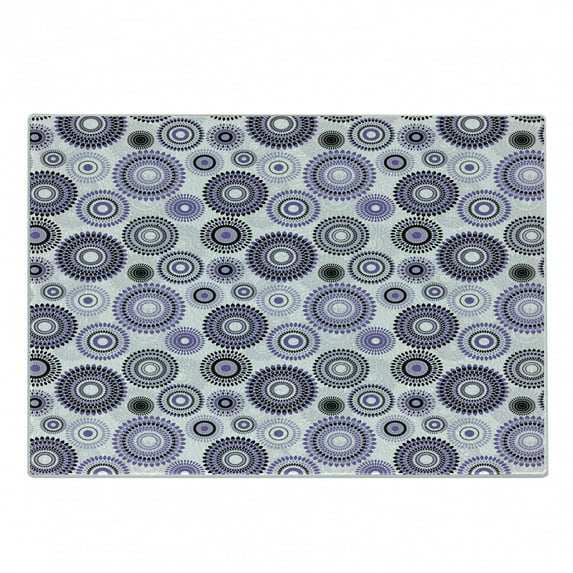Purple and Black Cutting Board, Scattered Round Big and Small with Mandala Inspired Design, Decorative Tempered Glass Cutting and Serving Board, Small Size, Violet Black White, by Ambesonne