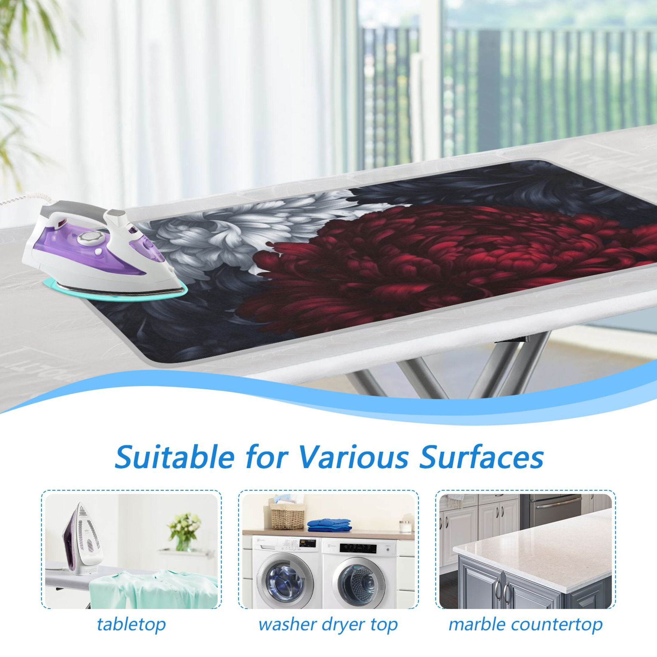 Red and White Flowers Ironing Mat Blanket for Table Top Travel Portable Ironing Board Pad 47.2x27.6 Inch
