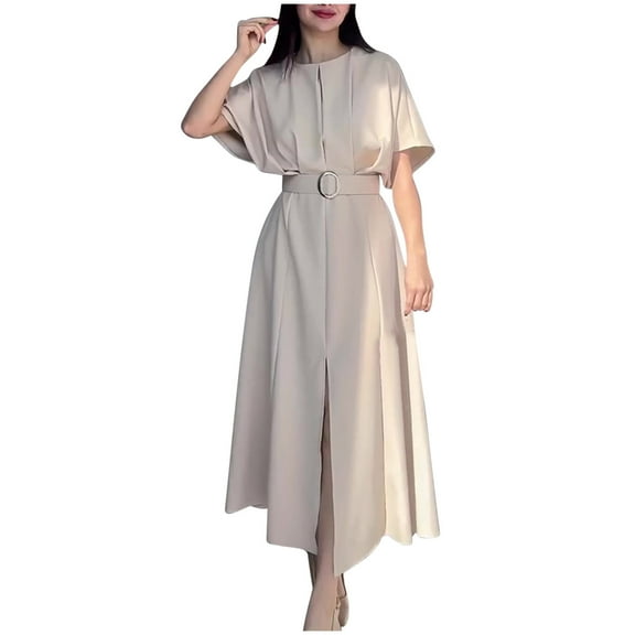 qolati Maxi Dresses for Women Elegant Round Neck Short Sleeve Slit Long Dress with Belted Casual Loose Pleated Flowy A Line Cocktail Gown