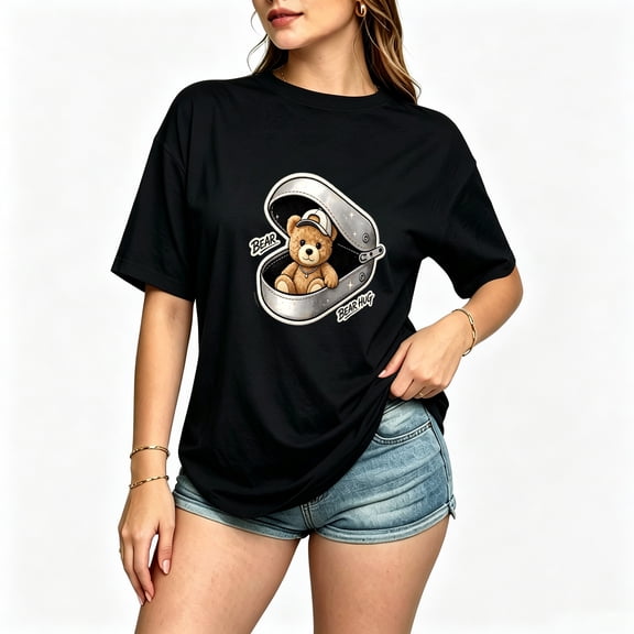 Women's Cotton T Shirts Graphic Tee Tops Bear Vintage Print Short Sleeve T-Shirt