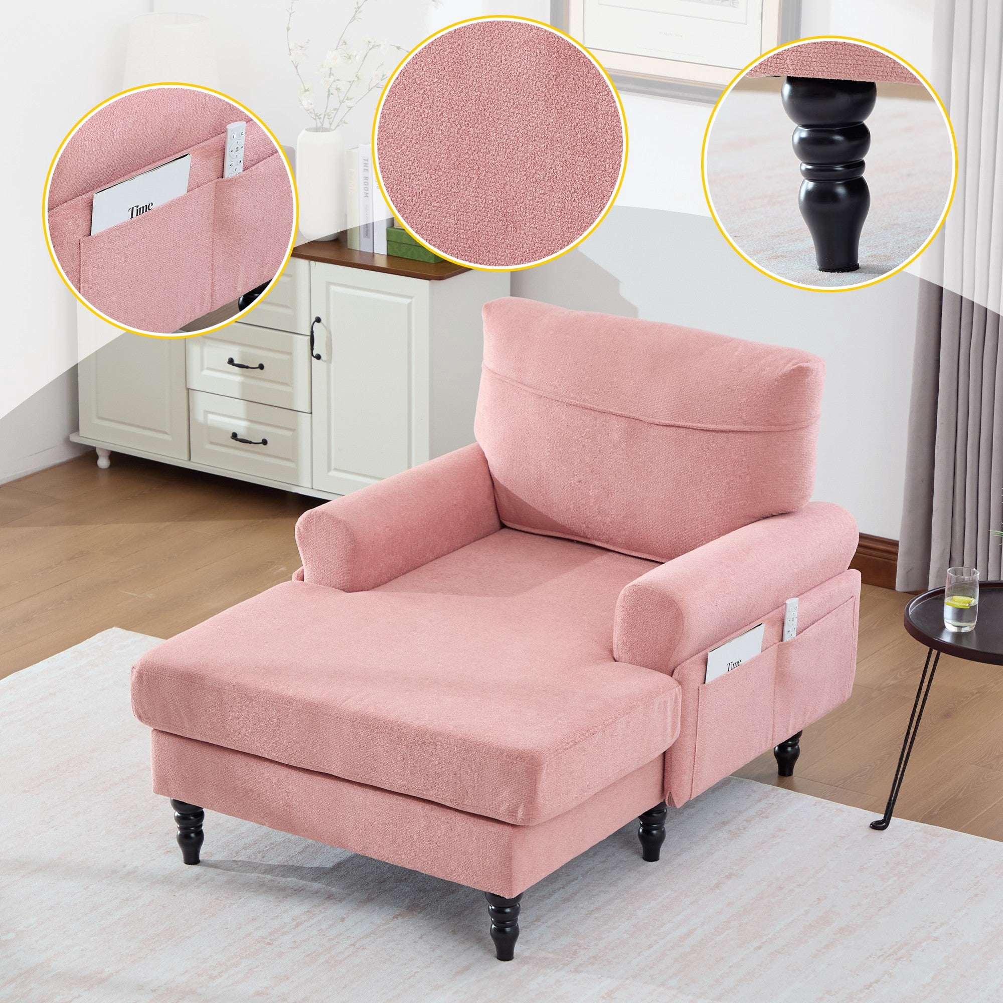 Sailvan Modern Chenille Chaise Lounge Indoor Recliner Chair Single Sofa with Storage Pocket & Solid Wood Legs Pink