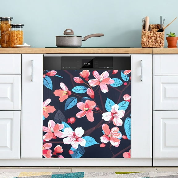 Watercolor Flowers and Leaf Dishwasher Magnet Cover Magnetic Fridge Door Cover Home Kitchen Decor 23"x 26"