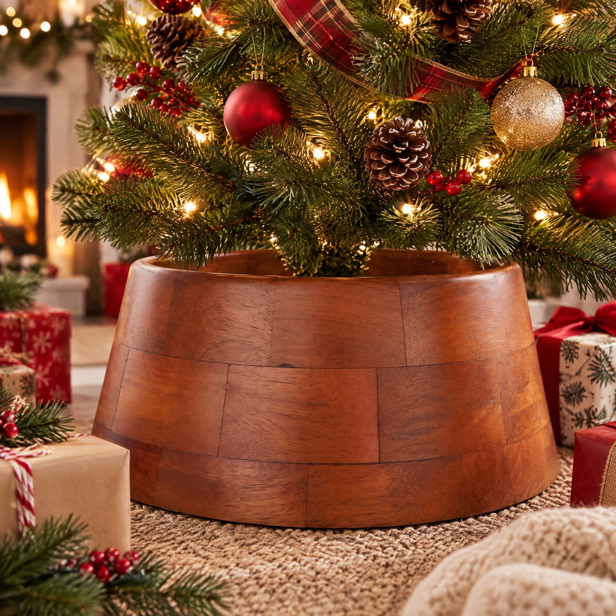 Wood Mini Christmas Tree Collar, Dark Natural Finish, 9", by Holiday Time