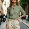 thumbnail image 5 of VBVC Women's Linen Stand Collar V Neck Blouse, Ladies' Long Sleeve Work Shirt, Elegant Office Top For Women, Green , S-2XL, 5 of 7