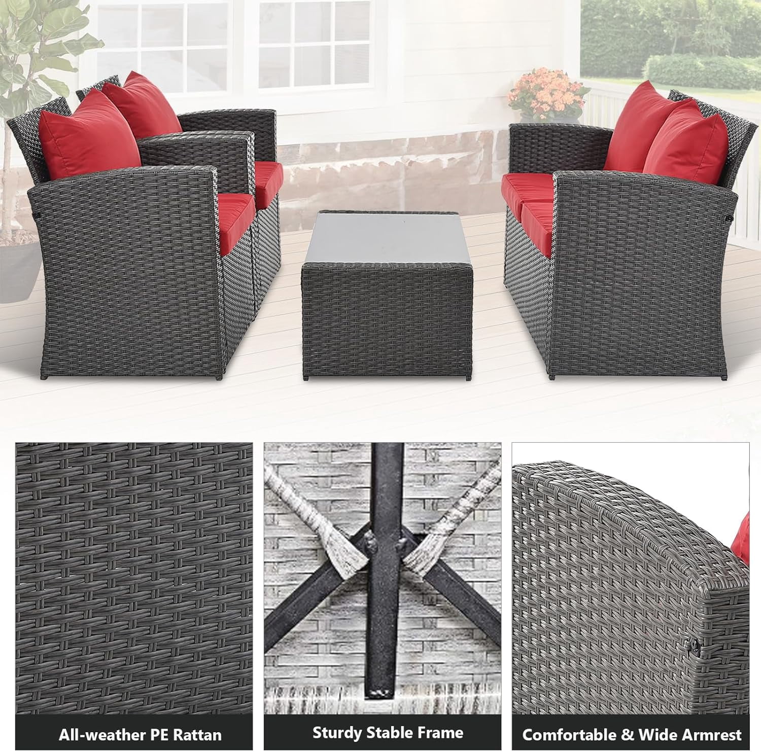 4 Piece Outdoor Patio Furniture Sets All Weather Outdoor Sofa PE Garden Furniture Wicker Rattan Patio Conversation Set with Coffee Table, Red Cushion