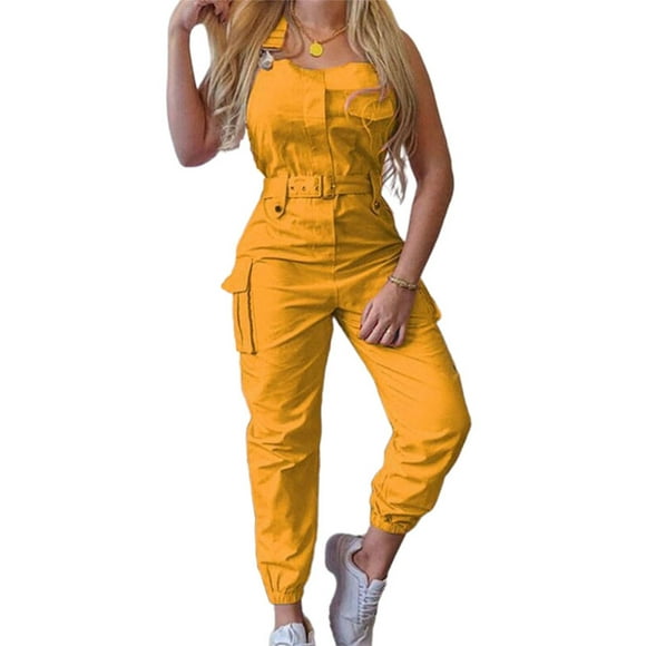 Sexy Dance Ladies Long Pants Belt Jumpsuits With Pockets Romper Fitted Cargo Pant Sleeveless Overalls Yellow L