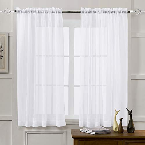 Sheer Curtains White 45 Inch Length, Rod Pocket Voile Drapes for Living