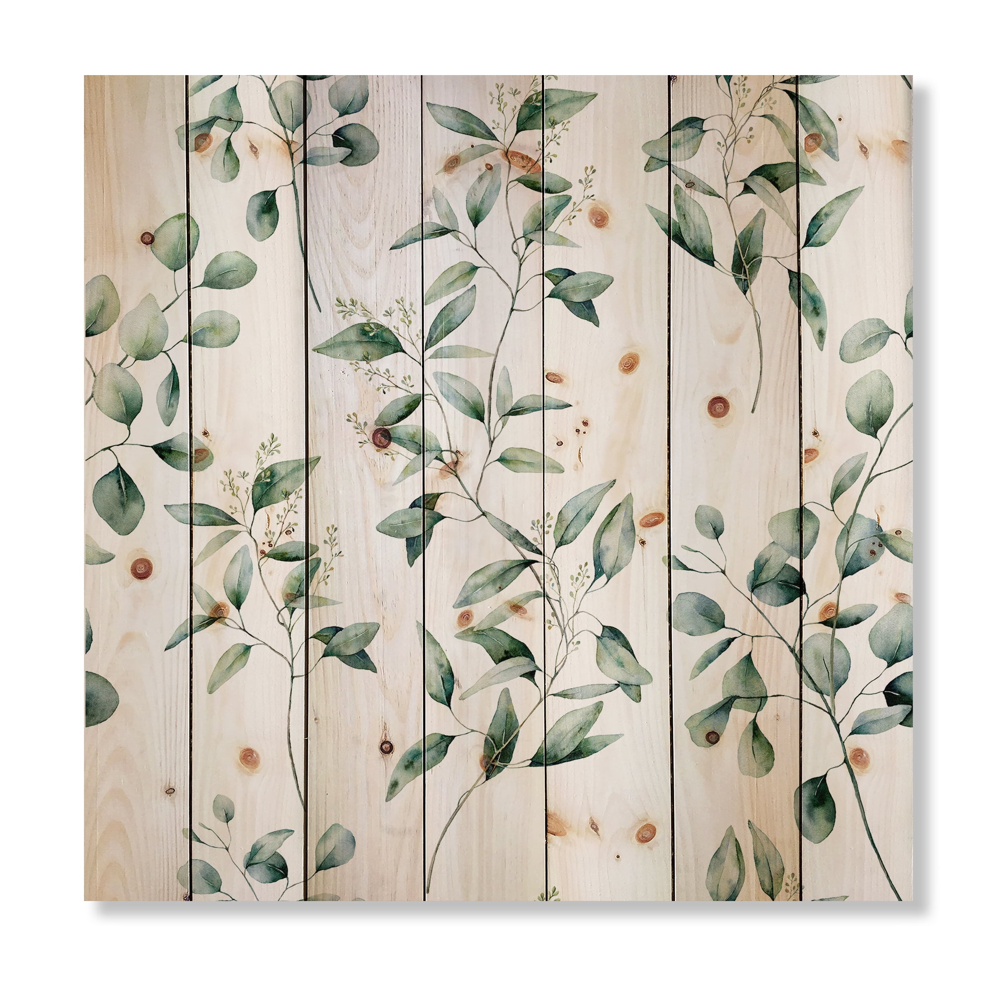 Designart 'Green Eucalyptus Plant Branches IV' Traditional Print on Natural Pine Wood