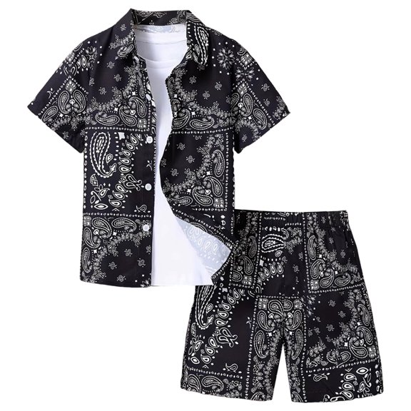 newwalpole Size 7-14 Years Boys Summer Clothes 2 Piece Hawaiian Shirt Tops & Beach Shorts Set Kids Boys Summer Outfit Set Black for Size 7-8 Years