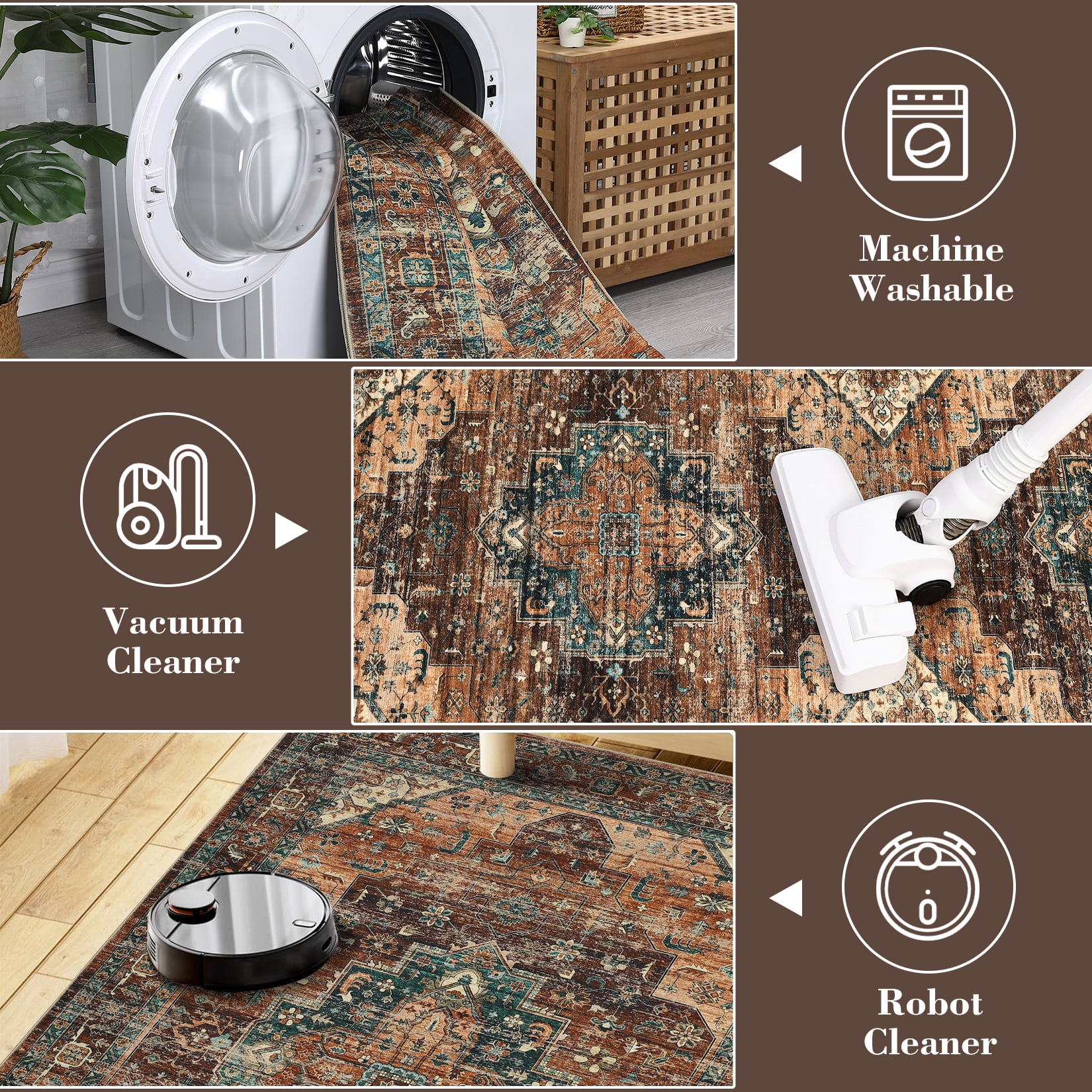 Garvee 10'x13' Large Area Rug for Living Room Vintage Medallion Rug Floral Print Rug Non Slip Low Pile Indoor Bedroom Rug, Brown