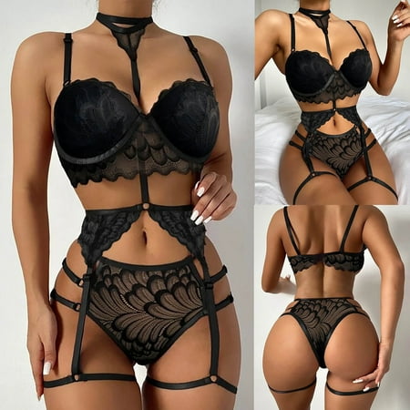 

Roliyen Women Sleepwear Set New Fashion Lace Lingerie Underwear Sleepwear Steel Ring Pajamas Garter