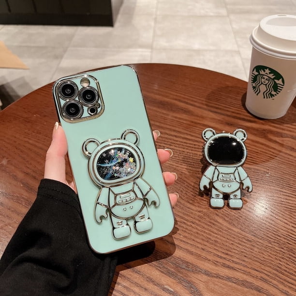 Funda de teléfono con soporte de astronauta Quicksand para iPhone 14 Pro 11 12 13 Pro Max Mini 7 8 Plus SE XR Xs Max Glitter Bear 3D Fivean unisex