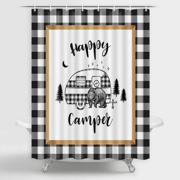 Happy Campers RV Shower Curtains, Farmhouse Bear Black White Plaid Western Country Bath Curtain, Travel Trailer Bathroom Shower Curtain Set, Small Waterproof Fabric Shower Curtain with Hook, 72X72in
