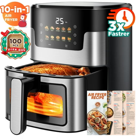 Air Fryer 7.5 QT Large Capacity Digital Hot Air Oven with Window & Light, Family Size Oil-Free Air Fryer with 10 Presets, Nonstick Easy Clean Basket, 100 Liners, Black