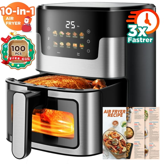 Air Fryer 7.5 QT Large Capacity Digital Hot Air Oven with Window & Light, Family Size Oil-Free Air Fryer with 10 Presets, Nonstick Easy Clean Basket, 100 Liners, Black
