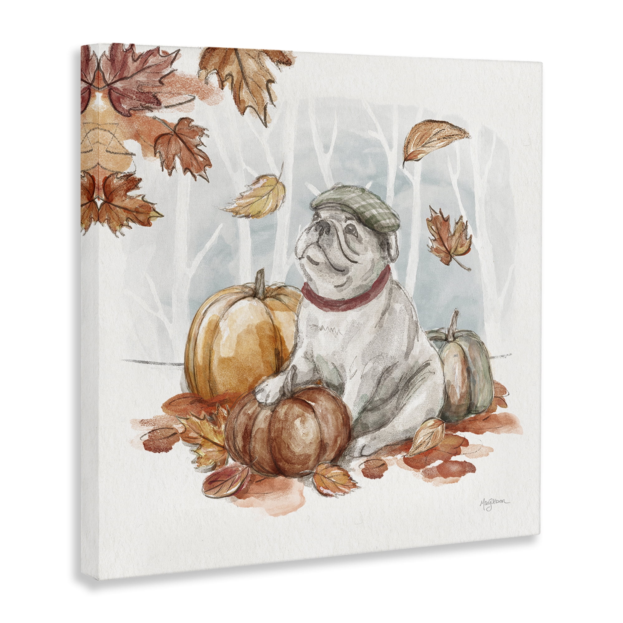 Stupell Industries Autumnal Bulldog Scene Holiday Painting Gallery Wrapped Canvas Art Prints Wall Art, 17 x 17