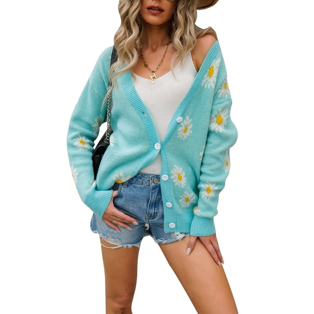 Chaqueta De Punto Estampada Cuello En V Hombro Caído Mangas Largas Patrón De Margaritas Elegante Cómodo Suéter Suelto Para Mujer Verde S