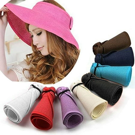 White Washington Hat - Girl12Queen Women's Summer Wide Brim Roll Up Foldable Sun Beach Straw Braid Visor Sun Hat