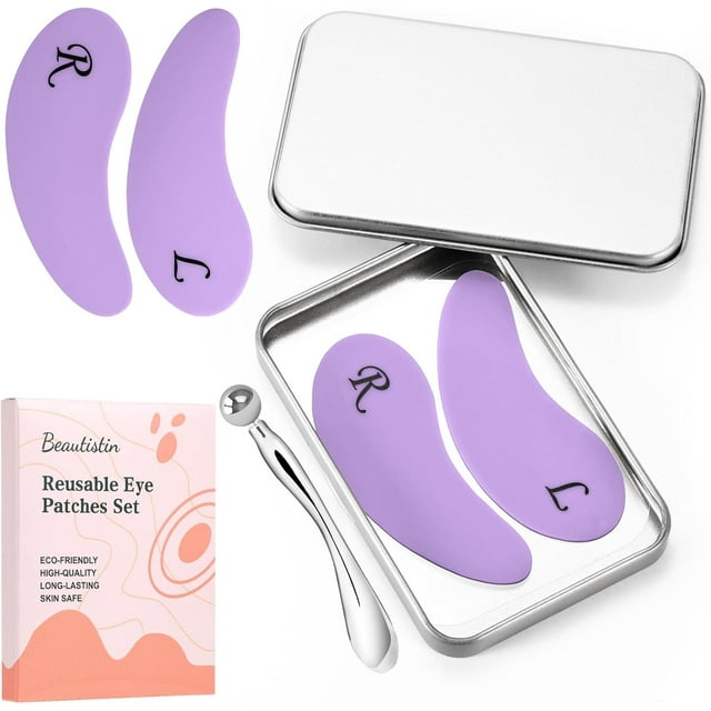 Temogu-Patchs pour les Yeux en Silicone - 2 Paires Réutilisables, Patchs Anti-Rides, Masque pour les Yeux, Repulpe les Ridules et Rides, avec Applicateur de Crème pour les Yeux en Métal, Étui en Étain, Violet