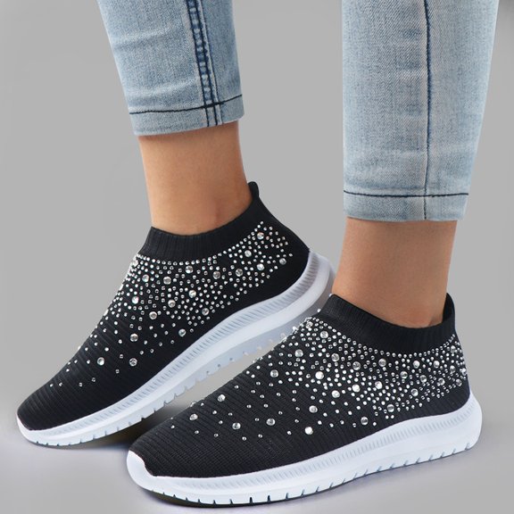 NexTorq Mesh Shoes, Women's Athletic Shoes, Women Sneakers, Non Slip Shoes, Walking Shoes Women, Women's Mesh Sport Shoes Rhinestone Glitter Slip On Ballroom Sneakers, Black, 5.5