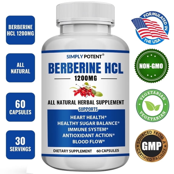 Simply Potent Berberine HCL 1200mg — 60 Capsules (600mg per Capsule) | Blood Sugar Balance, Weight Management & Metabolic Support | AMPK Activator for Glucose, Cholesterol & Heart Health | Non-GMO, G